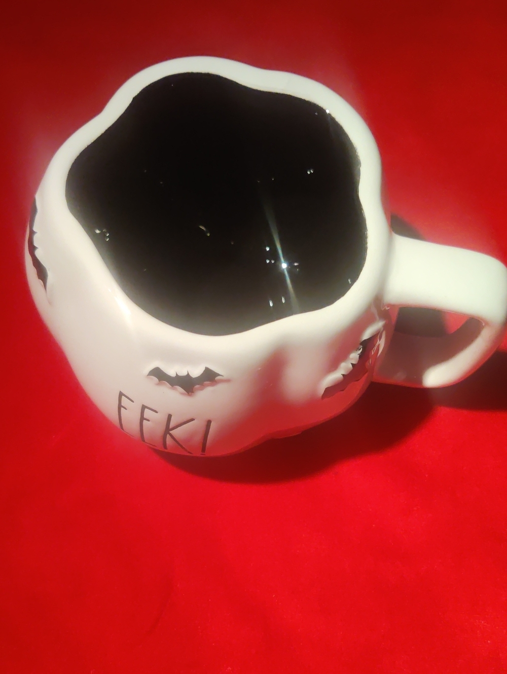 Rae Dunn Black LL EEK! White Mug Pumpkin Shape Black Bats...New Flawless